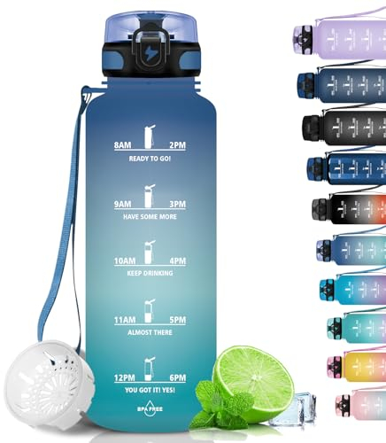 Grsta Trinkflasche 1,5 Liter - Trinkflasche Sport, BPA Frei, Trinkflasche Kohlensäure Geeignet, Auslaufsicher, Wasserflasche mit Filter und Zeitmarkierung für Gym, Fahrrad, Büro und Outdoor