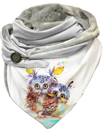 Hiseng Damen Schals Groß Dreieck Winter Dreieckstuch, Tier Drucken Warmer Winterschal Herbstschal Poncho Scarf Soft Wrap Lange Stola, mit Button (Eule)