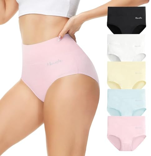 Momoshe Unterhosen Damen 5er Pack Baumwolle High Waist Unterwäsche Frauen | Hoher Bund mit angenehmem Halt, volle Gesäßabdeckung, elastische Beinöffnungen, doppellagiger Schritt, etikettlos