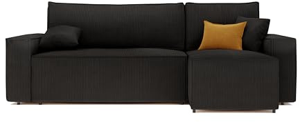 Ecksofa mit Schlaffunktion und Bettkasten 244 x 145 cm Schwarz | 244 x 145 cm, Hoher Sitzkomfort, Flexible Ottomane, Wohnen und Schlafen, Integrierter Bettkasten