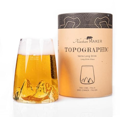 Alaskan MAKER Vaso largo de 450 ml - Cristal soplado artesanal con montañas elevadas | Cóctel, cerveza o TOPOGRAFÍC suave (Tre Cime di Lavaredo)