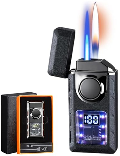 Multi-Funktionales Doppelflammen Feuerzeug Mit Farbigen Lichtern, Intelligente Jetflamme Mit Einstellbarer Flamme, Nachfüllbares Butan-Geschenk für Männer (S02)