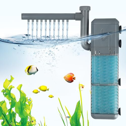 4-in-1 Aquarium Filter - 800L/H Fish Tank Filter with Spray Bar, Silent 9W Pump, Adjustable Rate & Direction, Submersible for 60-250L Aquariums