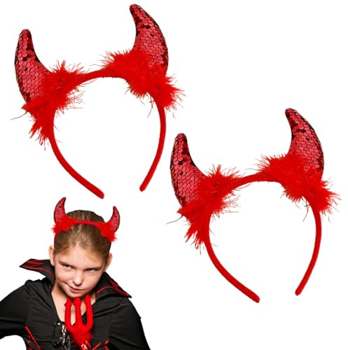 UILYNIU 2 Stück Teufelshörner Haarreifen Ohren Haarband Headwear Hörner Teufelshörner Haarreif für Damen Kinder, Teufelsohren Teufel, Horn Stirnband, Mottoparty, Karneval, Halloween, Party (Rot)