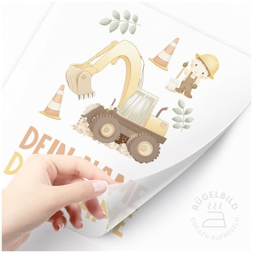 Moonworks® Bügelbilder-Set für Kinder Bagger Bär Personalisiert Wunschname Patches zum Aufbügeln auf Textilien Bagger 2 weiß standard