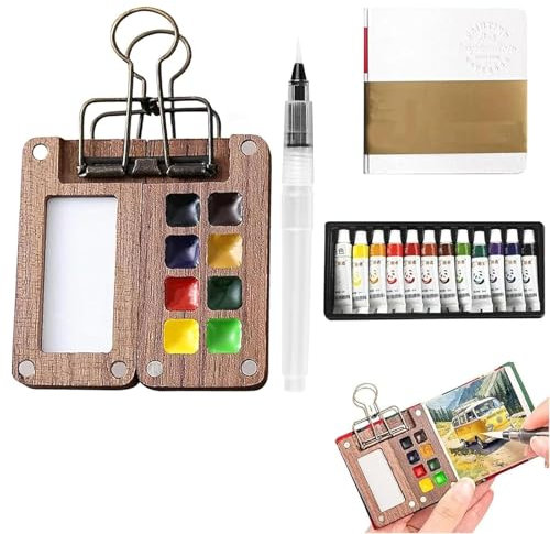 Mini set di acquerelli da viaggio, tavolozza portatile con 8 griglie, set di acquerelli tascabili da viaggio con clip in metallo, tavolozza per pittura ad acquerello da 12 colori con penna