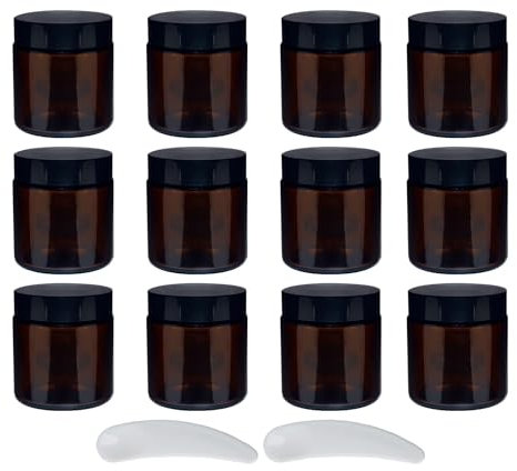 12Pcs 100ml Amber Glass Jars, Empty Cosmetic Jars with Lids, Empty Glass Pots Face Cream Lotion Storage Jar for Make Up, Sample, Travel Use