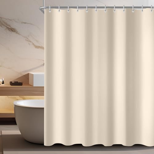 Lerores Duschvorhang 180x220cm Beige, Beschwerter Saum Antischimmel Textil, Wasserabweisend, Waschbar Polyester Stoff Badevorhänge für Badezimmer, Badewanne mit 12 Duschvorhangringe