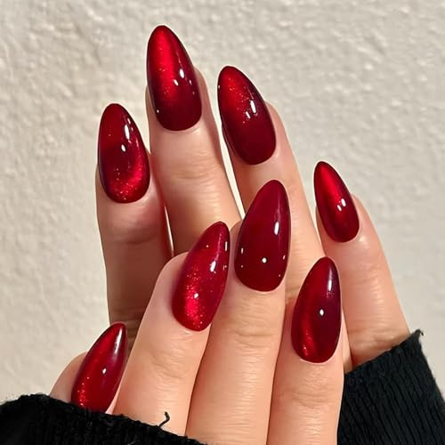 24PCS Almond Red Cat Eye Short False Nails with Adhesive and Nail File - Glossy Full Cover, Long-Lasting, Removable DIY Nail Art for Women and Girls