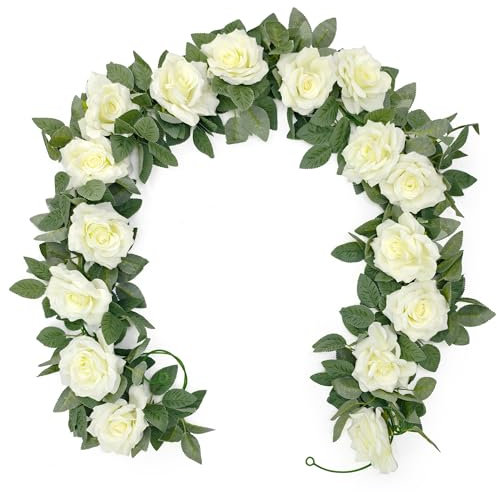 YMIFEEY 2 x 2m Blumengirlande Künstlich Weiße Rosen Blumen Girlande Deko Kunstblumen Hängend Rosengirlande Blumenranken Frühling Blumenkette für Hochzeit Tischdeko Party Blumenwand Fahrrad (2*Weiß)
