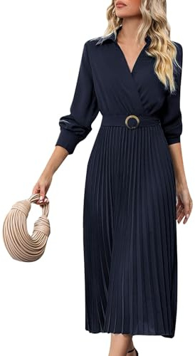 Damen Kleider Lang Elegant Langarm Faltenkleid A Linie Kleid V Ausschnitt Maxikleider Frauen mit Gürtel Maxi Hemdkleid Einfarbig Herbstkleid Festlich Plisseekleid Business Wickelkleid Party