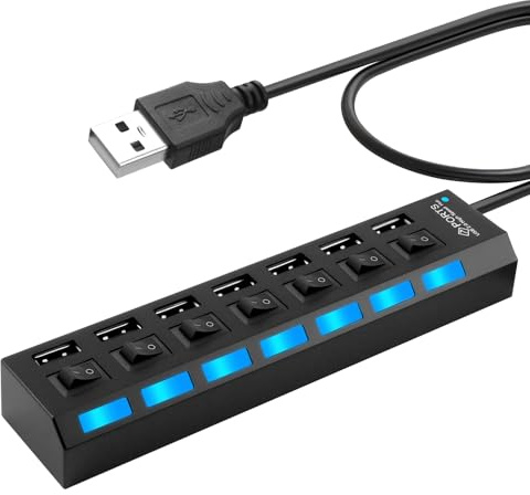 USB Hubs, Tragbarer USB 2.0 Verteiler mit 7 Ports und Einzelnen LED Schaltern, Hi Speed Hub mit Netzteil für Laptop, PC, für MacBook und Weitere Geräte, Tragbar und Praktisch