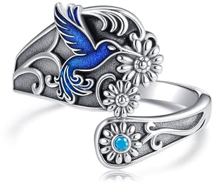 Hummingbird Spoon Ring Sterling Silver Adjustable Sunflower Hummingbird Thumb Ring for Women