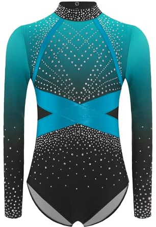 Agoky Justaucorps Gymnastique Manches Longues Enfant Fille Strass Leotard Ballet Moderne Patinage Artistique Costume Spectacle Bleu Ciel 13-14 ans