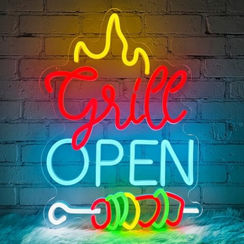 Lxmoneon Grill Open Neon Schild, Bunte Kebab LED Neonschilder für Wand Dekor, Dimmbar Grill LED Schild für Unternehmen, USB Open Neonlicht für BBQ Shop Küche Bar Pub Restaurant Mann Höhle Party