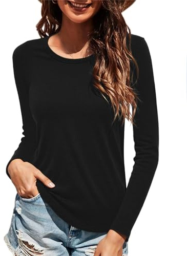 Wayleb T-Shirt Donna Manica Lunga Regular Fit – Maglia Basic Girocollo in Cotone – Top Casual per Shopping, Passeggiate, Tempo Libero – Nero M
