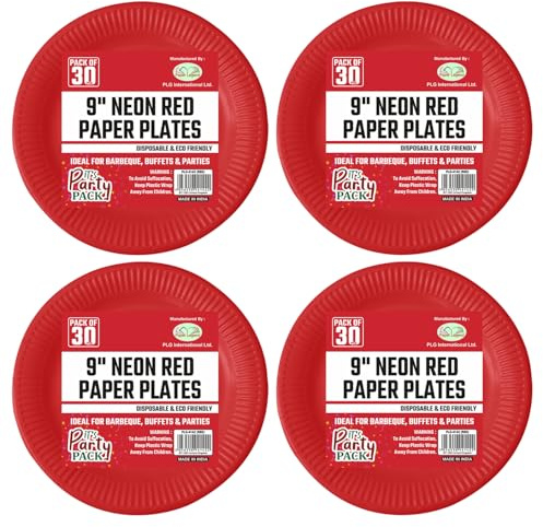 TENLITE Neon Red Paper Plates 9 Inch (23cm) – 120 Pack | Strong Disposable Party Plates | Eco-Friendly Tableware for BBQ, Picnic, Buffet, Birthday, Wedding, Christmas & Celebration Events