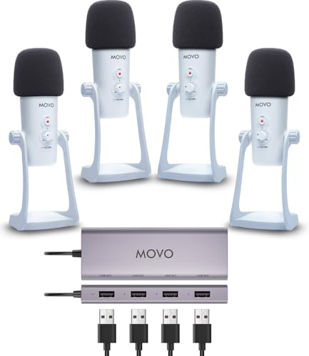 Movo Set di apparecchiature per podcast USB per 4 - Interfaccia USB con 4 microfoni a condensatore UM700 - Hub alimentato a 4 porte per streaming, podcasting, interviste (bianco)