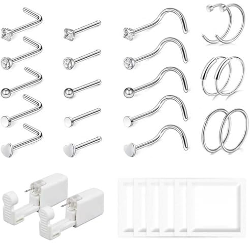 21 Pcs Hypoallergen Nasenstecker Nasenpiercing Ring Gold Screw/Straight/L mit 2 Stück Ohrlochpistole Dünn Nasenstecker Nasenring 316L Edelstahl mit Zirkonia Nostril Piercing Schmuck für Frauen Männer