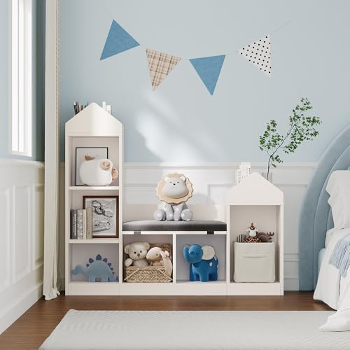Kinderbücherschrank mit 6 Fächern und Leseecke – Spielzeugregal aus | Holz mit Kissen – Breite 121 cm – Ideal für Kinderzimmer, Klassenzimmer, Kindergarten – Farbe: Weiß