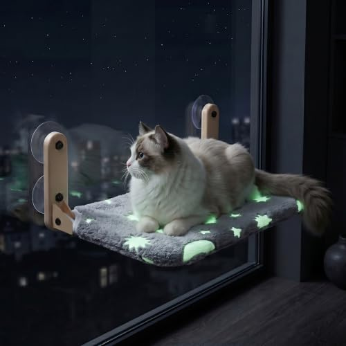 Pet Prime Glow in The Dark Cat Window Bed Foldable Cat Hammock for Window and Wall with 2 Covers Coldless Kitten WindowSill Perch for Up to 20kgs Large Breeds Strudy Metal Frame