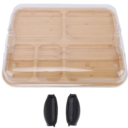 Tagliere in legno per salumi e formaggi, 28 x 35,5 cm, vassoio multifunzionale a 5 scomparti con coperchio trasparente, marca sconosciuta, ideale per picnic e feste.