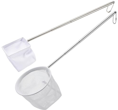 Mabor Aquarium Fish Net - 2 Pcs Extensible Carbon Steel Handle(50cm) | Square Round White Skimmer for Tank Shrimp Betta, Floating Debris Cleaning Tool Pack