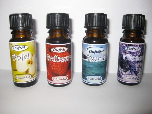 4er Set Aroma Duftöl, Raumduft für Duftlampe und Potpourries, 10 ml, verschiedene Düfte (kokos/pfirsich/mandel/orange)