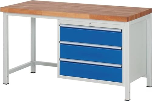 Werkbank, BxTxH 1500x700x840 mm, 3 Schubladen 3x18 0 mm, Buche-Massiv-Platte 40 mm, RAL7035/RAL5010