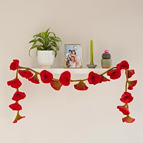 Paper High Handcrafted Felt Flower Garland | 160cm Long with 20 Flowers | Hand Felted Hanging Decoration | Garden Garlands and Bunting Alternative | Mantelpiece Display (Red)
