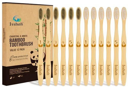 Biodegradable Eco-Friendly Natural Bamboo Charcoal Toothbrushes, FSC Certified and PETA Approved - 12 Count