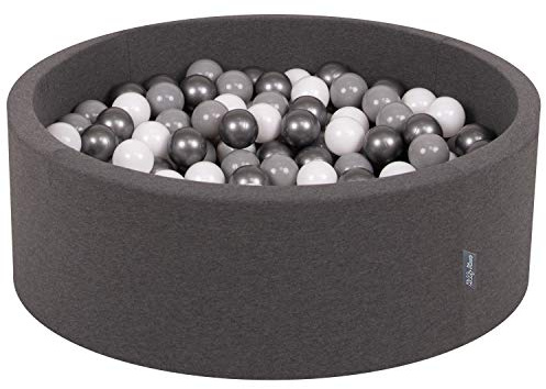 KiddyMoon Bällebad 90X30cm/300 Bälle ∅ 7Cm Bällepool Mit Bunten Bällen Für Babys Kinder Rund, Dunkelgrau:Weiß/Grau/Silbern