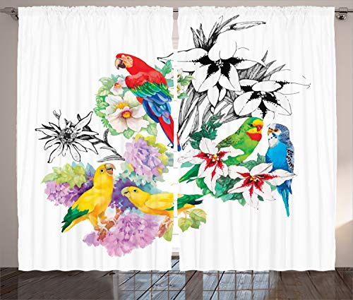 ABAKUHAUS Papagei Rustikaler Gardine, Blumenlaubgarten, Schlafzimmer Kräuselband Vorhang mit Schlaufen und Haken, 280 x 245 cm, Mehrfarbig