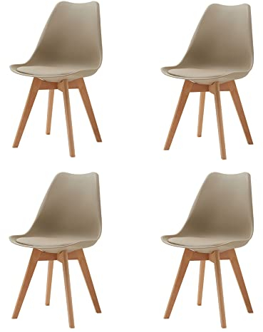 GrandCA HOME 4er Set Skandinavischer Esszimmerstühlen, Gepolsterter Stuhl mit Beinen aus Buchenholz, für Esszimmer, Wohnzimmer, Schlafzimmer, Küche (Gepolstert Khaki)