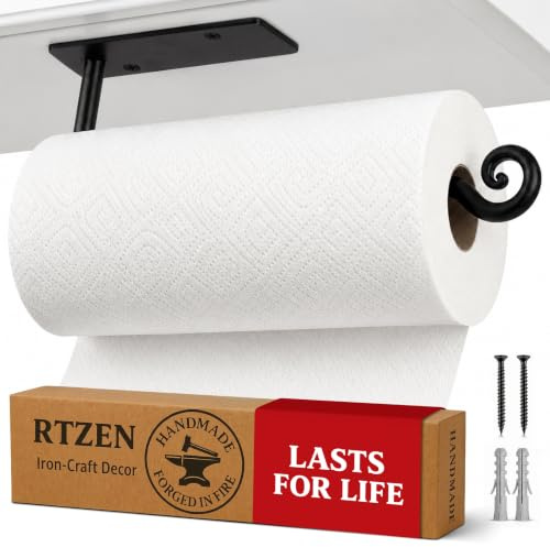 RTZEN Portasciugamani di carta nero sotto il mobile, realizzato a mano, in metallo rustico, decorativo in ferro battuto all'interno o sotto il bancone, supporto da parete per cucina o bagno