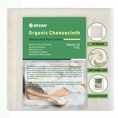 Etamine à fromage avec bord ourlé 87 x 94 cm, 100 % coton, qualité 90, étamine non blanchie réutilisable pour filtrer, brasser, brasser, café, thé, fromage et pâtisserie (1 yard)