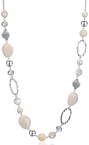 Bulinlin Silber Perplen Lang Kette für Damen Boho Statement Chain Halskette Modeschmuck Geburtstagsgeschenke für Frauen（White）