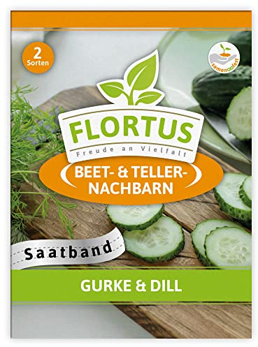 FLORTUS Gurke & Dill Saatband | 2 Saatbänder für Gemüse und Kräuter Anbau | Saatgutmischung für Frische Salatgurken und aromatischen Dill