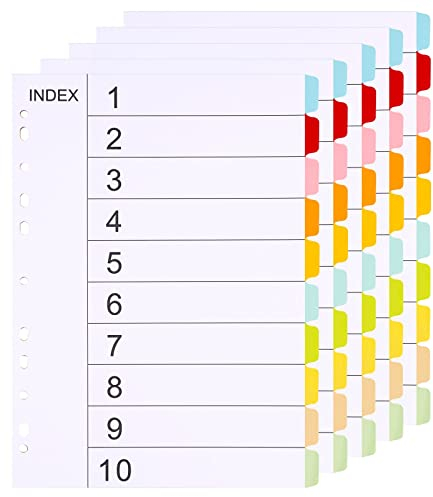 (5 Stück) Ordner Register A4 Ordner Trennblätter 10 Teil-10 Farben Trennblätter für Ordner A4 11 Löcher Gestanzt mit Digitalen Abdeckungen Ordner Register Index-Teiler