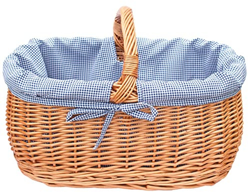 YULKA Einkaufskorb aus Weide mit Stoffeinlage blau Pepita, stabiler Henkel, handgeflochten oval, herausnehmbares Futter, ideal für Markt & Shopping