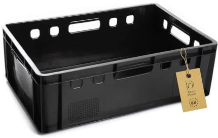 BirnePower Fleischerkiste E2 Schwarz – Eurokiste 60x40x20 cm, Stapelbox 41L, Metzgerkiste HDPE Lebensmittelecht, Lagerkiste für Fleisch, Obst & Werkstatt (1 Stück)