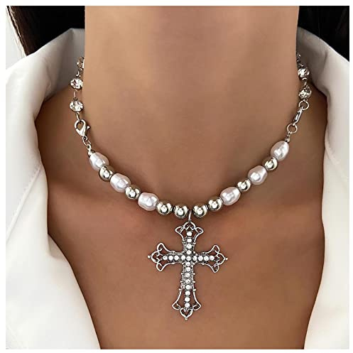 Inilbran Punk Silber Perle Choker Kreuz Halskette Gothic Vintage Jesus Kette Schmuck Für Frauen Und Mädchen