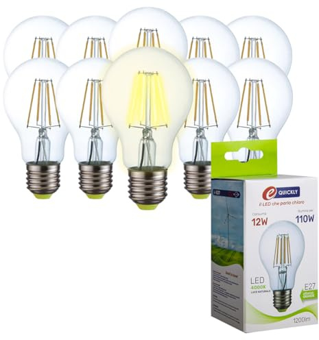 E-QUICKLY Lampadine Led E27 luce naturale - 12W equivalenti 110w, 1200 lumen, Lampadina luce led naturale 4000k, Lampada attacco grande, lampadina led e27 vintage, lampadine led filamento e27, 10 PZ