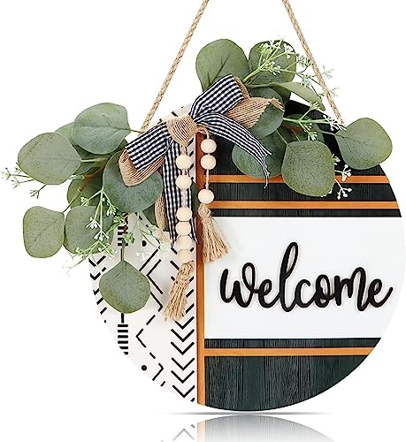 CHDITB Boho Farmhouse Porch Wreath Sign (11.42x11.42) - Round Welcome Summer Door Hanger for Porch Outdoor