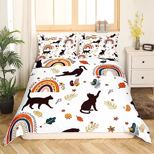 Schwarze Katze Kinder Bettwäsche Set 135x200 Nette Haustier Tier Kätzchen Bettbezug für Jungen Mädchen Teens Regenbogen Tröster Abdeckung Ahorn Blatt Dekor Schöne Katze Bettbezug mit 1 Kissenbezug