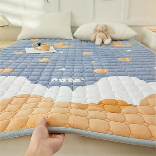 Odot Quilted Mattress Topper Lovely Print Soft Flannel Mattress Protector with Elastic Straps, Single Double Student Bed Pad Folding Futon Mattress Floor Tatami Mat (100x200cm,Stars Moon)