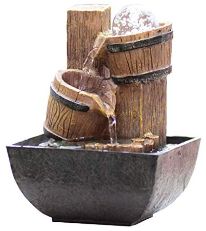 Small Zen Water Fountain 2-Layer Resin - Indoor Tabletop Fountain - Wooden Barrel Design - Home Garden & Office Decoration