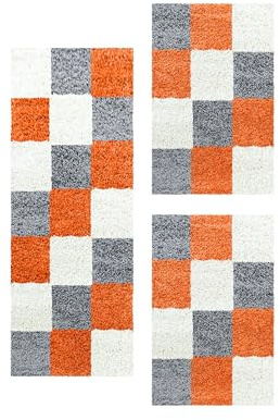 Carpetsale24 Bettumrandung Schlafzimmer 3 teilig Shaggy Hochflor Teppich Orange Bettvorleger Schlafzimmer Bettset: 2 St. 60x110 cm | 1 St. 80x250 cm - Teppich Läufer Set Kariert Design