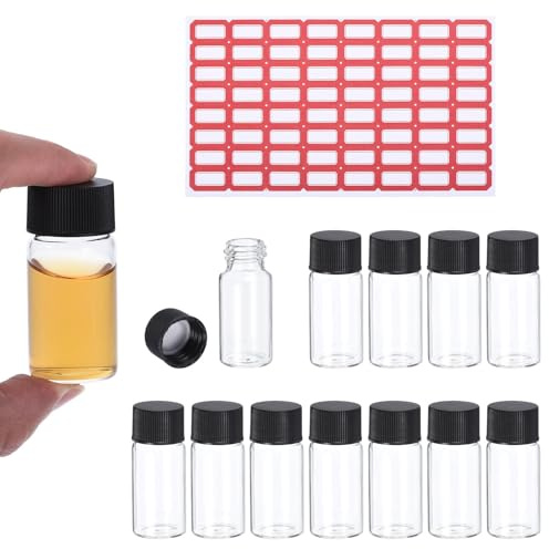 PATIKIL 10 ml klare leere Glasfläschchen, 12 Stück Probefläschchen mit Schraubverschluss Reagenzglas mit Etiketten Auslaufsicheres Flüssigkeitsfläschchen für das Labor