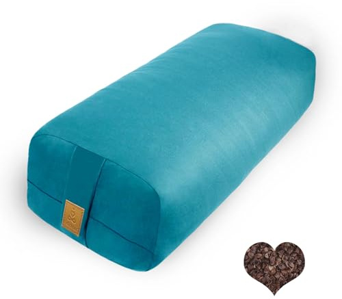 FelizMax Organic Buckwheat Bolster (24x10.5x5.5 in) Supportive Yoga Cushion Rectangular Meditation Pillow 100% Cotton Cover Yoga Pillow (Cyan Blue)